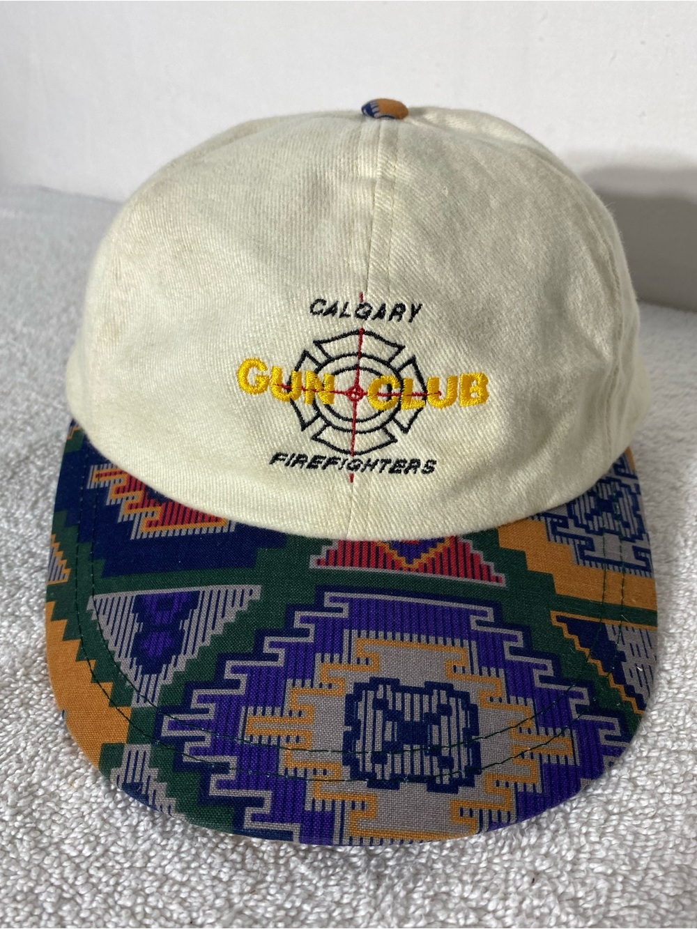 Vintage 90s Calgary Firefighters Gun Club Hat W Southwestern Aztec Print Brim